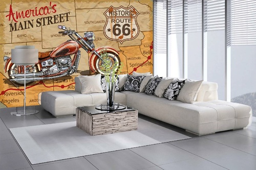 Vlies Fototapete - Route 66 Motorrad Plakat 375 x 250 cm